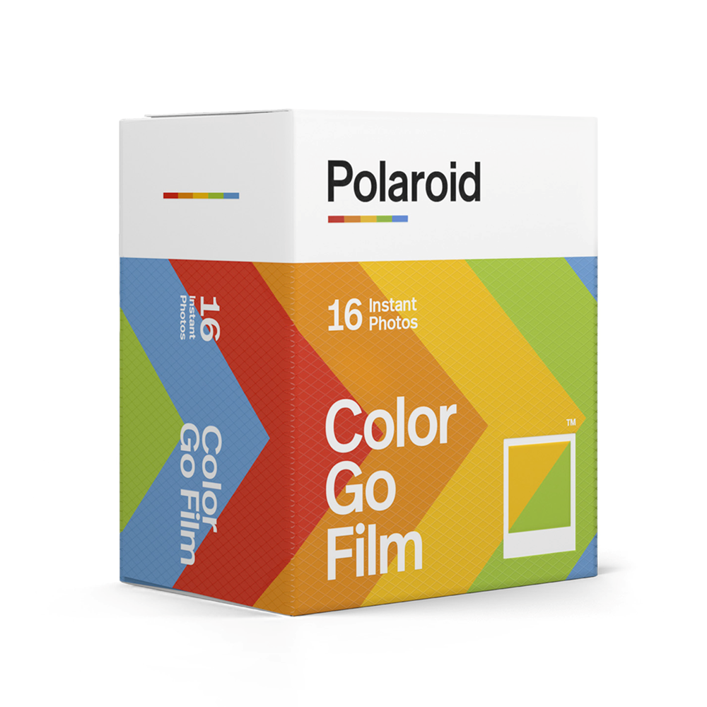 POLAROID COLOR FILM GO 2-PACK front titled view of packaging showing Polaroid logo and product name on front and only product name on side of packaging.