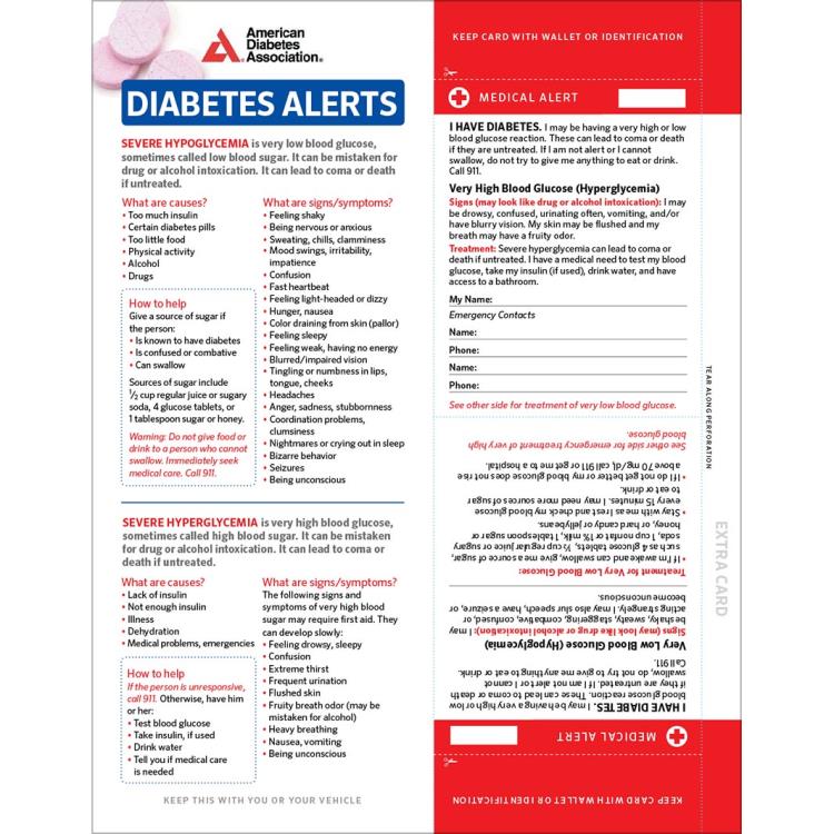 Diabetes Emergency Information Tear-Out Medical Alert Card (25/Pkg)